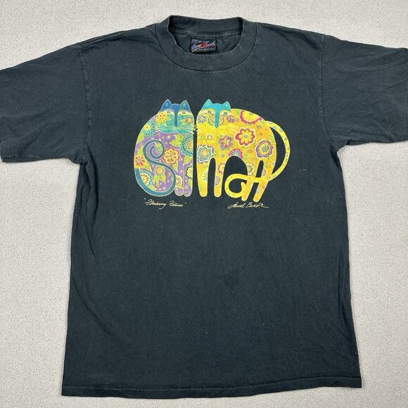 Vintage Laurel Burch Shirt Adult L Black Flower Felines Cat Art Made USA 90s Tee - Picture 3 of 12